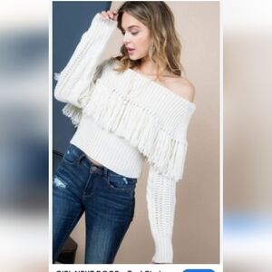 OFF SHOULDER CREAM FRINGE SWEATER TOP